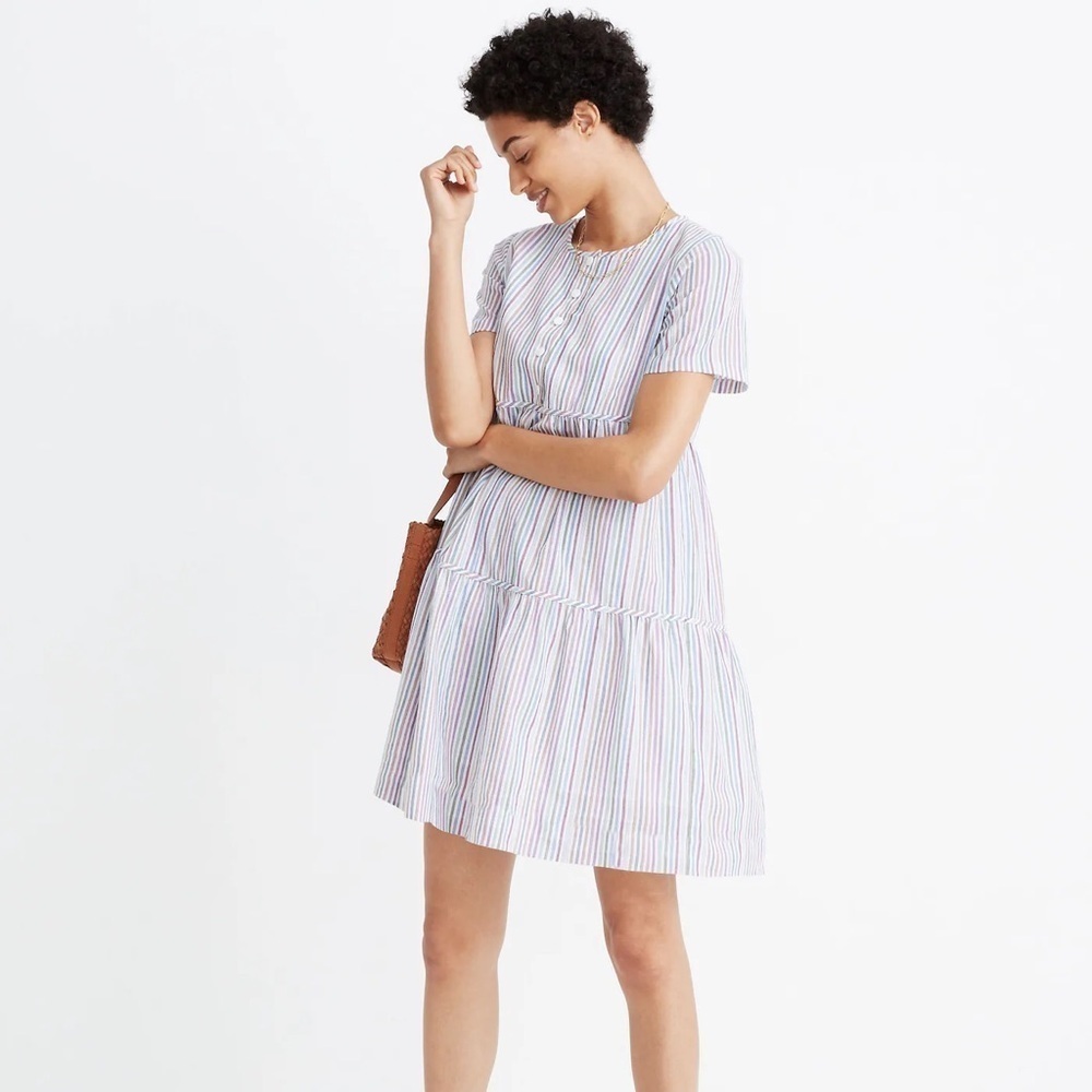 Madewell Striped Crewneck Button-Front Tiered Mini Dress Size M Spring Easter